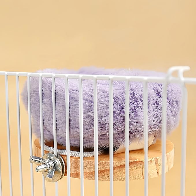2Pcs Bird Perch Stand Platform Plush Parrot Hanging Hammock Warm Bird Nest Snuggle Hut Birds Sleeping Bed Wood Perch for Parrot, Budgies, Parakeet, Cockatiels, Conure, Lovebirds-Purple&Grey