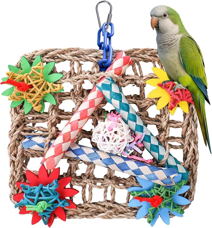 Cockatiel Toys, Extra Large Natural Seagrass Shredding Mat, Rattan & Wood Finger Traps Bird Toy for Parakeets, Budgies, Conures, Lovebirds - Parrot Enrichment Activity Center for Boredom Relief