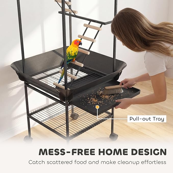 PawHut 64" H Rolling Bird Stand Parrot Playstand with Seed Guard & Wheels, Steel Bird Playground Gym with Ladders, Swing, Toy Hook & Bowls, Large Parrot Perch for Cockatiels, Conures, Parakeets