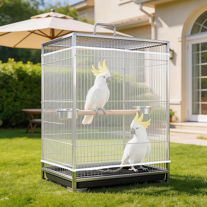Fengek 2 Pack White Bird Cage Cover, Adjustable Bird Cage Seed Catcher, Parrot Nylon Mesh Net Cover with Elastic Band Fit Round, Square & Rectangular Cages for Cleanliness & Night Use (XXL)