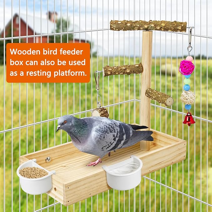 BNOSDM Wooden Bird Feeder for Cage Natural Wood Parrot Feeding Cups Bird Food Dish with Perch Stand for Parakeets, Budgies, Cockatiels, Lovebirds, Finches, Pigeons