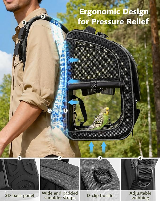 Pecute Bird Backpack Carrier for Small Birds,Cockatiel,Parrot,Bird Carrier with Standing Perch,Comfy Mat&Transparent Window, Breathable Bird Backpack for Vet Visit,Shopping and Outdoor Adventure,Grey