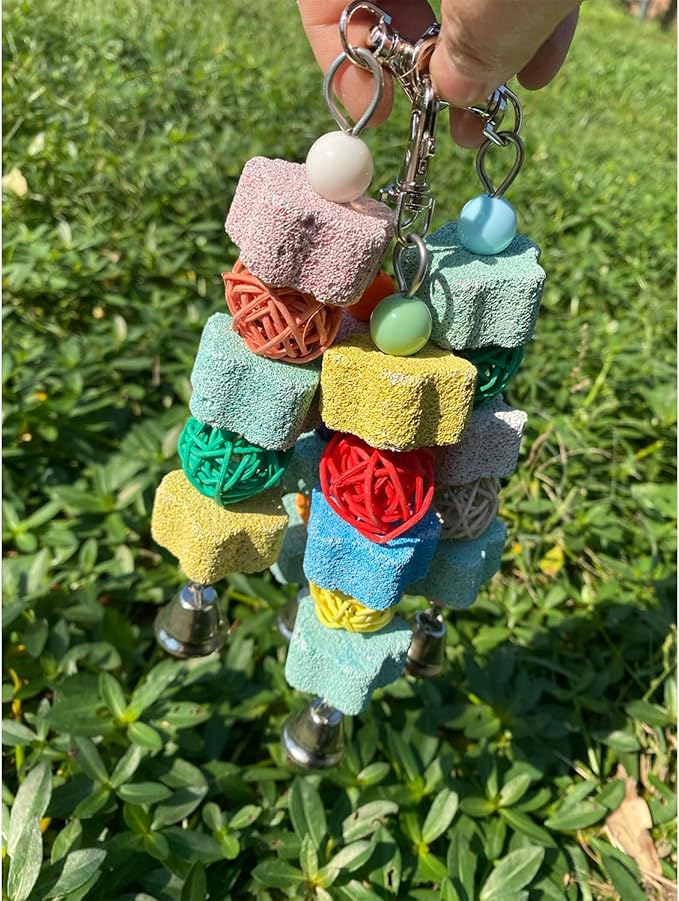 2 Pack Parakeets Parrot Chewing Toy, Bird Beak Grinding Stone Lava Calcium Blocks, Hanging Bird Cage Nail Trimmer with Bell Rattan Balls for Small Parrots Cockatiel Budgies Lovebirds Rats Chinchilla