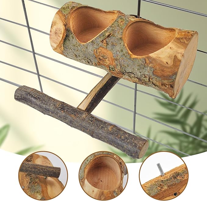 Wooden Bird Feeding Dish Cups Perch Stand Hanging Feeder Solid Wood Parrot Feeding Bowl for Parakeets Conures Cockatiels Budgie Parrot