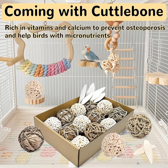 18PCS Bird Toys Sola Balls 2.36IN Parakeet Toys Natural 2.76IN Chew Grass Balls with Cuttlebone for Parrots Conures Rabbits Hamster Guinea Pig Chinchilla(Style 2)