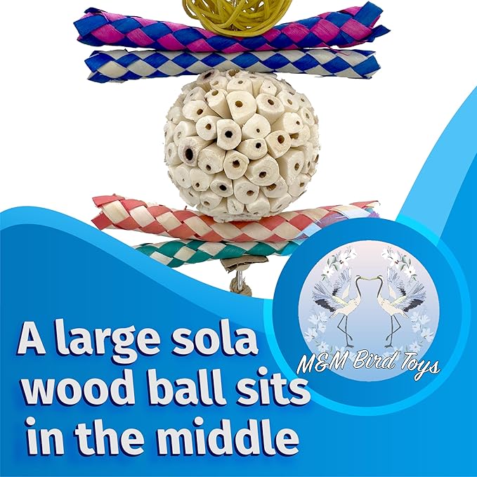 1703 Large Rainbow Rattan Sola Shredder - Handcrafted hanging foraging bird cage toy, Colorful rattan vine ball, Natural sola wood ball, Chewy bamboo finger traps, Natural jute twine, Lightweight part