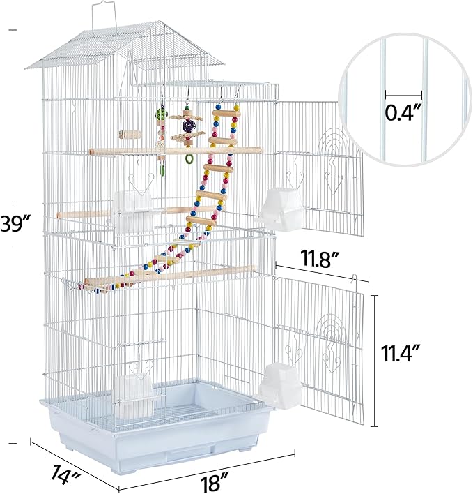 Topeakmart 39inch Height Roof Top Bird Cage Medium Metal Parakeet Cage with Swing & Ladder, White