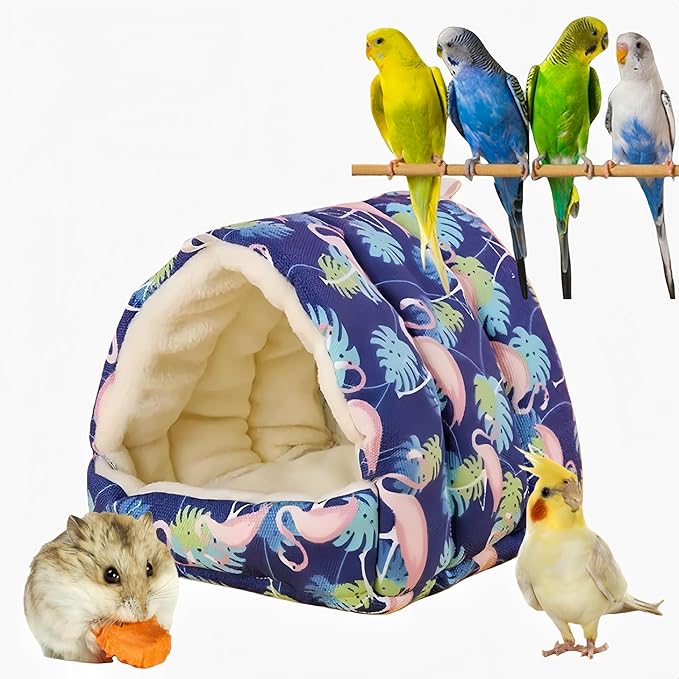 Bird Nest Plush Snuggle Hanging Hammock Bird Cave Parrot Sleeping Bed Shed Hut Hanging Tent for Hamster Parrot Macaw Budgies Parakeet Cockatiels Lovebird-Flamingo (Dark Blue)
