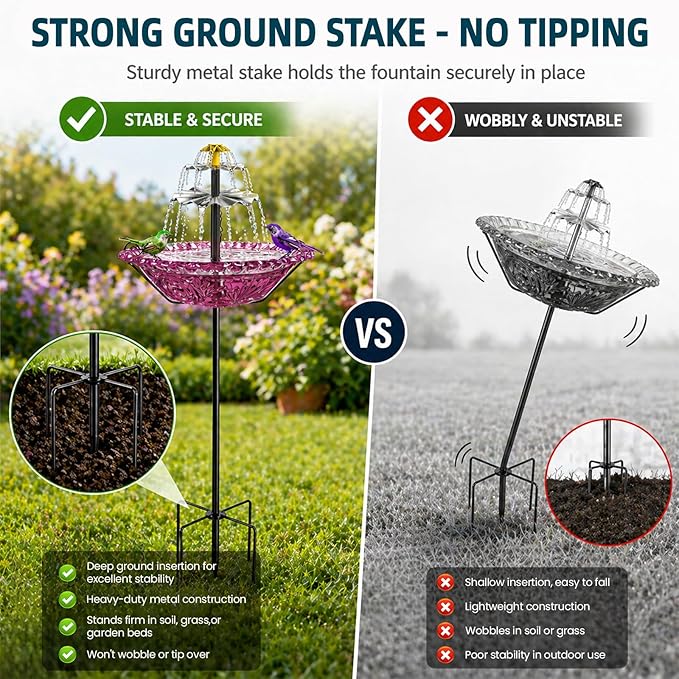 Bird Bath Fountain Solar for Outside, Outdoor Water Fountain Plastic, Attracts Birds with Cascading Spray for Yard & Patio (Purple)