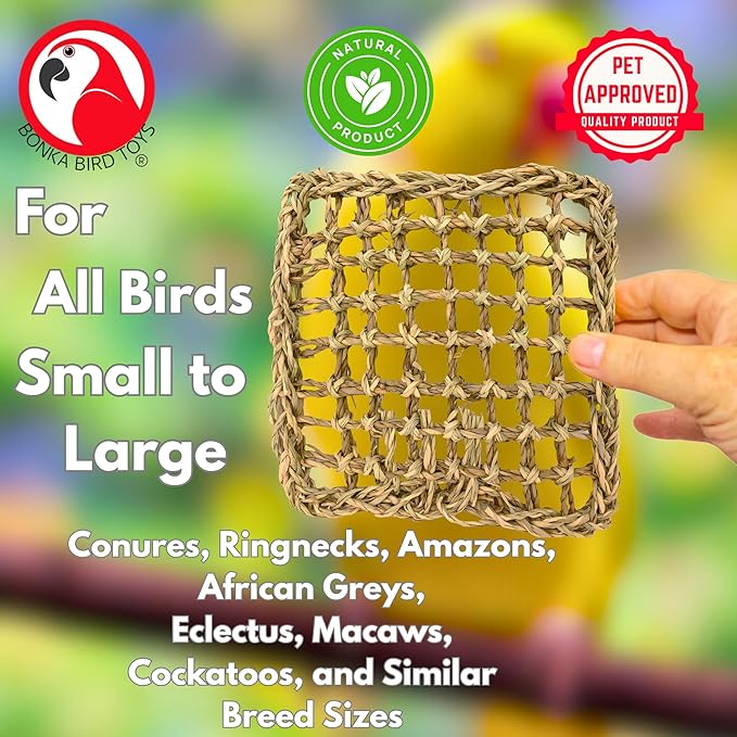 Bonka Bird Toys 1766 Seagrass Mat 7" x 7" Natural Woven Chew Climbing Foraging Base for Small to Large Birds Like Conures Quakers Amazons
