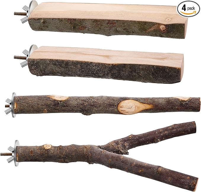Saillong 4 Pack Natural Wood Bird Perch, Multi Branch Parrot Stand, Toy for Parakeet, Cockatiels, Conures, Lovebirds, Long Tailed Small Parrots Climbing Chewable Standing Cage Accessories