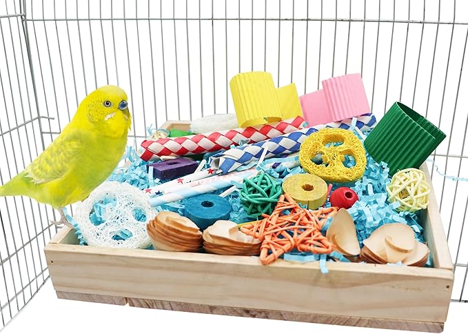 Jinkoozz Bird Foraging Toys Box, Wooden Parrot Shredding Toys Box, Bird Chewing Toys, Birdcage Accessories, Suitable for Small Birds Parakeets Cockatiels Love Birds Conures