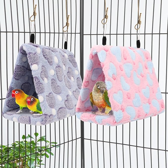 2PCS Bird Bed for Cage, Warm Cozy Hanging Bird Hammock Hut Tent for Parrot, Finch, Budgies, Parakeets, Cockatiels, Soft Plush Hideaway Bird Hut Beds (Pink+Purple)