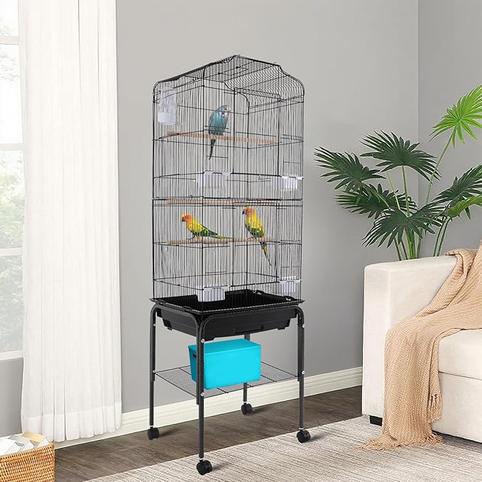 Large Bird Cage with Rolling Stand, Parrot Cage for Parakeets Cockatiels Conures, Heavy Duty Metal Birdcage with Wheels, Removable Tray & Storage Shelf for Indoor Use (Black)