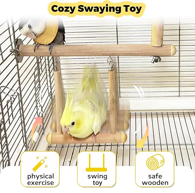 Bird Perch & Swing Toy Combo, Bird Toys for Parrots with 360° Spin Function, Hanging Parakeet Swing Birds Cage Accessories Toys, Multi-functional Wooden Birds Activity Gym for Cockatiel Lovebird
