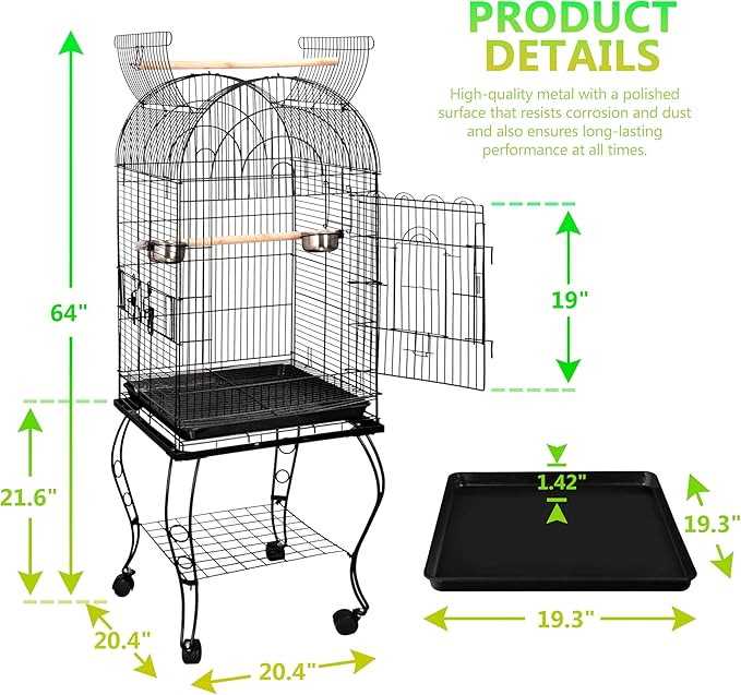SUPER DEAL 64'' Rolling Bird Cage Large Wrought Iron Cage for Cockatiel Sun Conure Parakeet Finch Budgie Lovebird Canary Medium Pet House with Rolling Stand & Storage Shelf