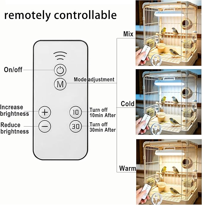 Bird Cage Light, Stepless Dimming 3 Color Temperatures, Rechargeable & Plug-in, Magnetic Base Timed Off, for Parrot Rabbit Dog Cat Pet Cage