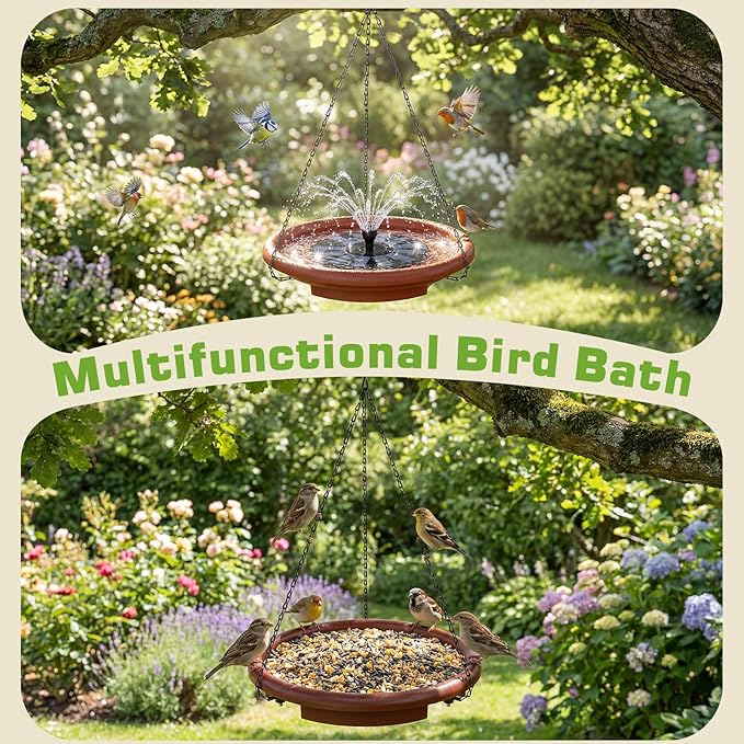 AISITIN 15" Hanging Bird Bath with Solar Fountain, Outdoor Hanging Bird Bath Bowl with 3-Tier Steps, Solar Powered Water Fountain for Bird Bath, Feeder, Drinking, Garden Patio Lawn Backyard