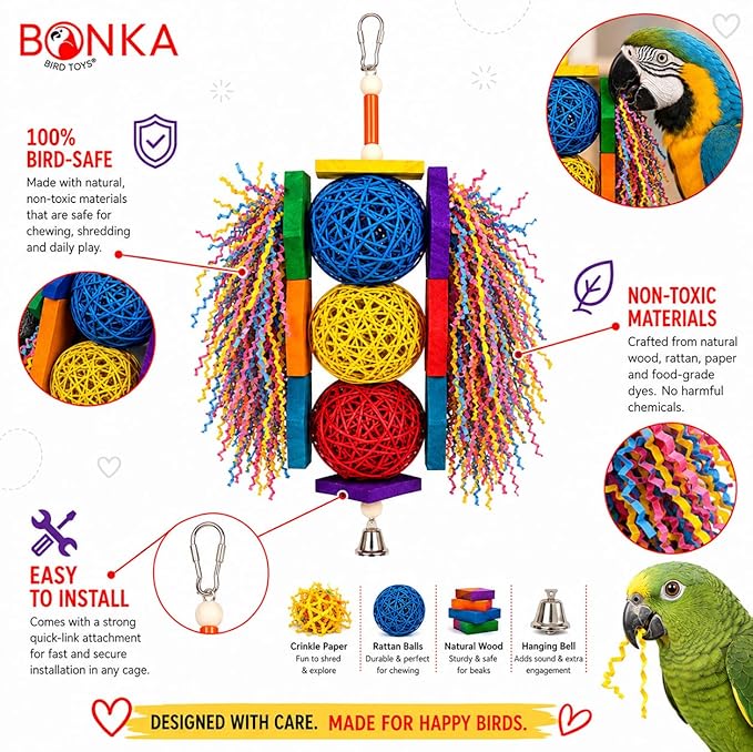 Bonka Bird Toys 1854 Tri Foraging Star 13" x 8" Natural Vine Ball Chew and Shred Toy for Medium to Large Birds Like Conures African Greys Amazons and Similar
