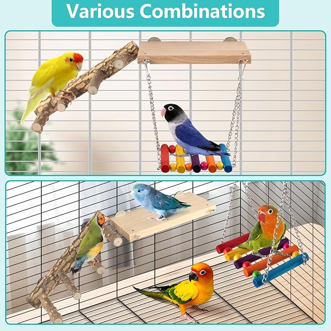 DBNESS 3in1 Bird Perch Toys for Parrots, Wooden Ladder Perch for Cage, Parrot Platform Stand Colourful Swing Hammock Climbing Bridge Exercise Cage Accessories for Budgies Cockatiels Lovebirds Hamster