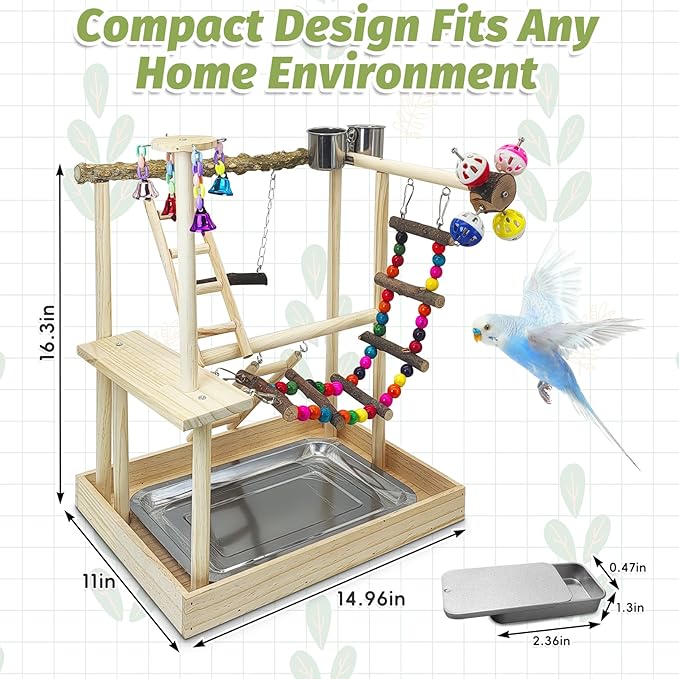 PINVNBY Bird Playground Parrot Perch Stand Play Gym Cockatiel Wood Bird Toys Birds Cage Accessories Playpen Ladder with Feeder Cups Hanging Swing Toys for Parakeet Conure Lovebird Cockatiel