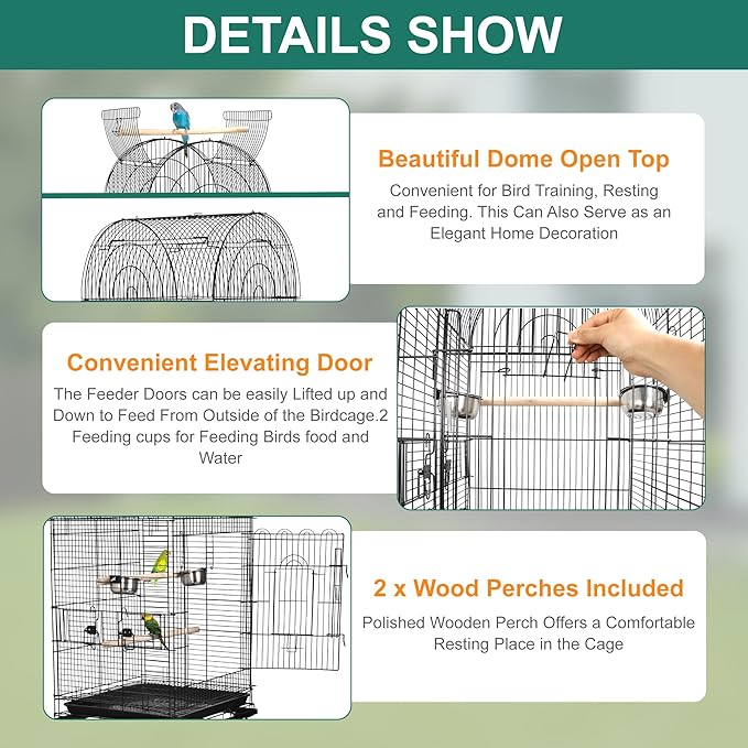 ZENY 63.5 Inch Open-Top Birdcage, Wrought Iron Bird Cage with Slide-Out Tray + Detachable Rolling Stand, Pet Parrot Cage for Parakeets Cockatoo Cockatiels, Play-Top Birdcage
