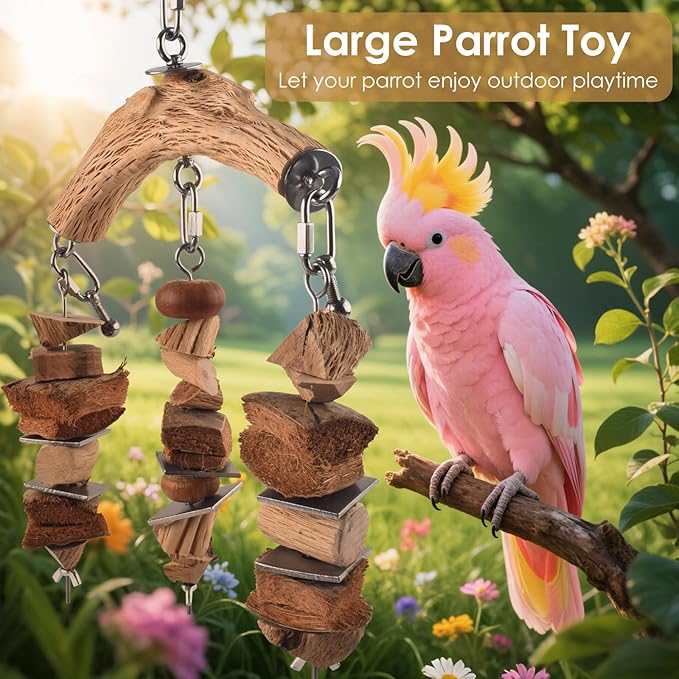 DBNESS Bird Parrot Toys, Hanging Medium Large Birds Wooden Chew Blocks with Stainless Steel Natural Chewing Cage Bite Toy for Macaws African Greys Cokatoos Amazon Parrots Similar Sized Pet Parrots