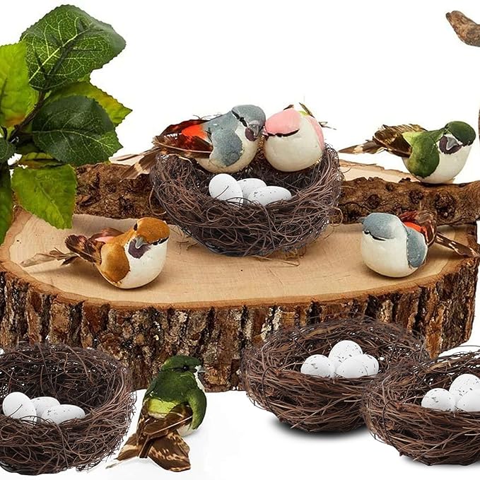 16 Pcs Artificial Bird Nests with Eggs for Crafts,Handmade Natura Rattan Birds Nest for Easter, Wedding, Home, Party, and Christmas Tree Decorations(2Pcs 4.7in 2Pcs 3.9in Nest 12pcs Eggs)