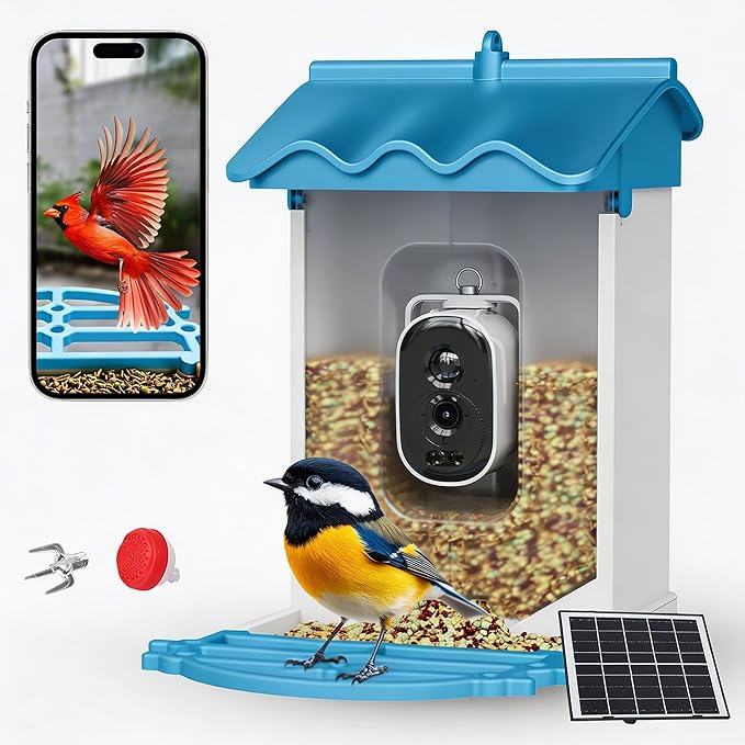 Garvee Smart Bird Feeder with 2K Camera & AI Recognition - Solar Powered, 2L Capacity, Night Vision, App Alerts, for Bird Watching, Squirrel Deterrent Function