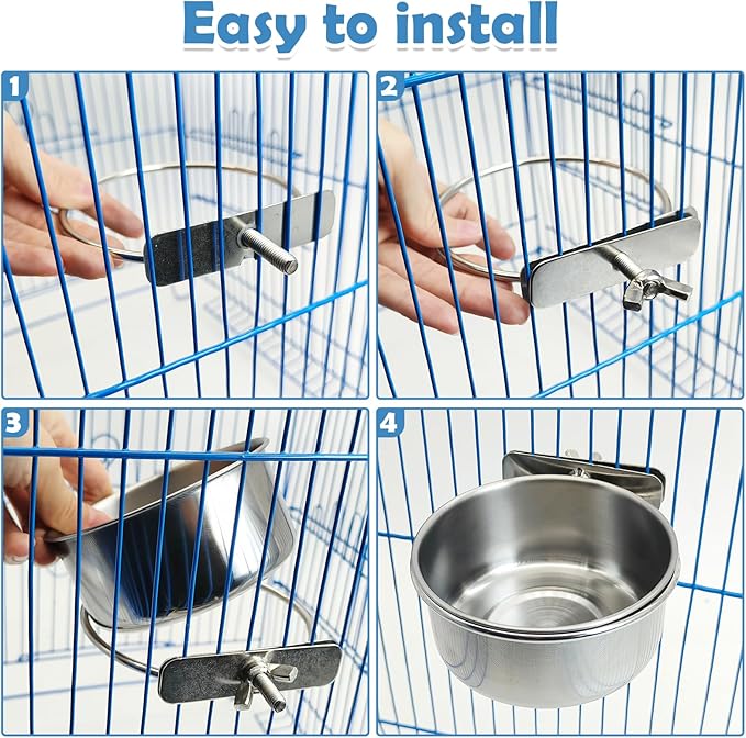 kathson 4 Pack Stainless Steel Bird Bowls, Parrot Feeding Dish Cups with Clamp Holder Bird Feeders Water Cage Bowl for Parakeet Cockatiels Conure Budgies Lovebird Finch and Small Animals