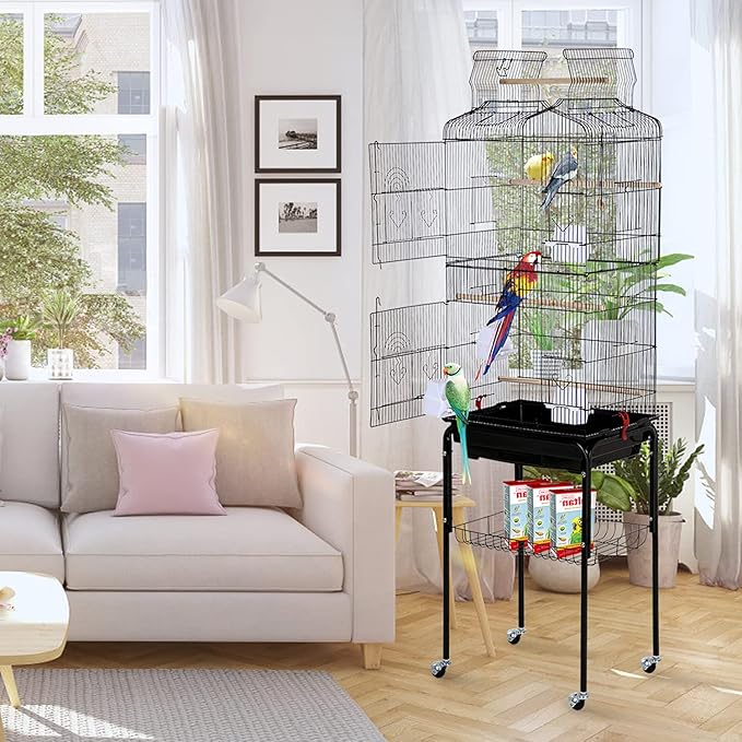 HCY Bird Cage Parakeet 64 inch Open Top Standing Parrot Accessories with Rolling Stand for Medium Small Cockatiel Canary Conure Finches Budgie Lovebirds Pet Storage Shelf, Black, 64x13x17 (Pack of 1)