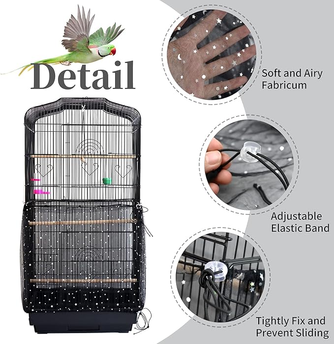 Daoeny 2Pcs Adjustable Bird Cage Cover, Upgraded Airy Nylon Mesh Parrot Net with Sequins, Universal Seed Feather Catcher, Soft Birdcage Cover Skirt Sheer Guard for Parakeet Macaw Round Square Cages
