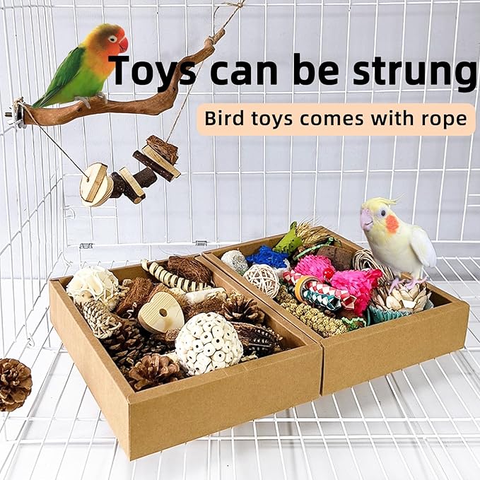 Bird Foraging Toys Parrot Chew Shredding Toys Bird Foraging Box for Parakeets Cockatiels Conures Lovebirds and Small to Medium Birds(Natural+Colorful)