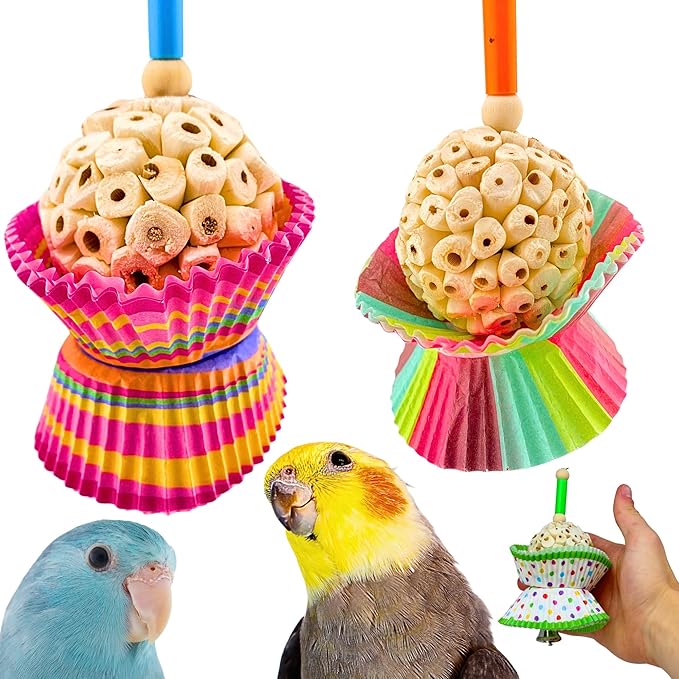 Bonka Bird Toys 1925 Cake Bird Toy – Sola Plant, Paper & Wood Chewing Shredding Foraging Toy for Extra Small to Small Birds – Cage Enrichment – 7" x 4.5" (Pack of 2)