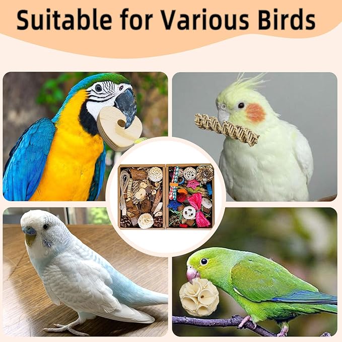Bird Foraging Toys Parrot Chew Shredding Toys Bird Foraging Box for Parakeets Cockatiels Conures Lovebirds and Small to Medium Birds(Natural+Colorful)