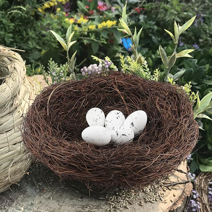 6Pcs 12" Large Artificial Bird Nests with Eggs for Crafts,Handmade Natura Rattan Birds Nest for Spring Decoration Props Garden Yard Home(1 Large Size Nest, 5pcs Eggs)