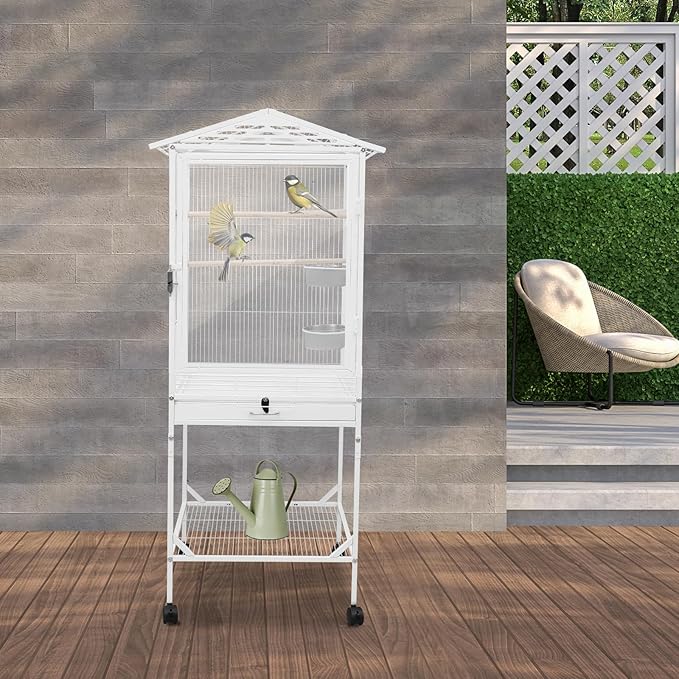 53.5 Inch Large Bird Cage Parakeet Cage with Wheels and Play Open Top Iron Bird Flight Cages for Parrot Lovebirds Finches Canaries Parakeets Cockatiels Budgie Parrotlet Conures (White, Type A)