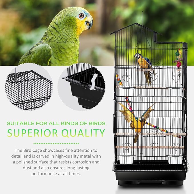 SUPER DEAL 39'' Roof Top Parrot Bird Cage with Toys for Cockatiel Sun Conure Parakeet Finch Budgie Lovebird Canary Large Flight Pet House