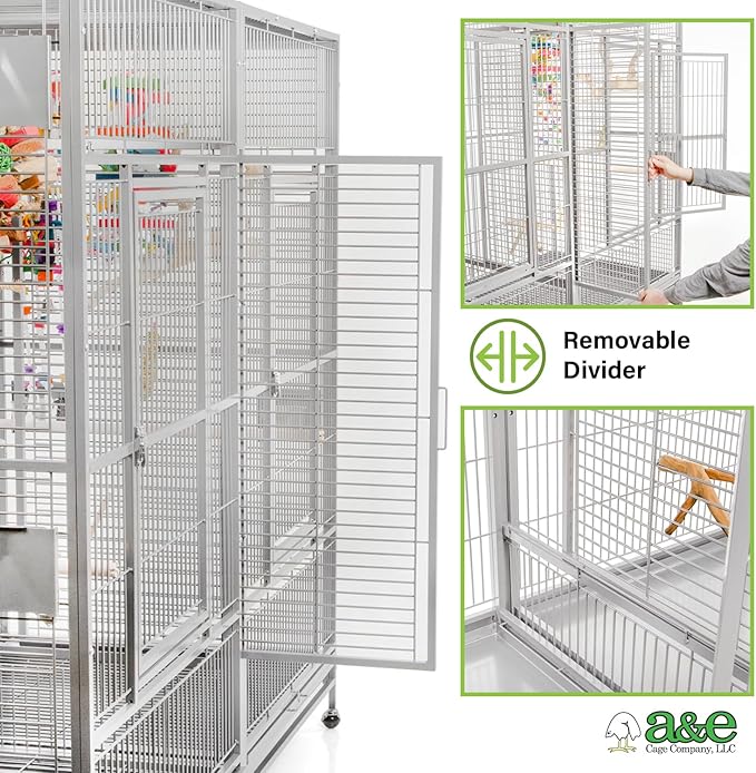 A&E Cage Co 8040FL Platinum Double Macaw Cage – 80"x40"x74" Extra Large Parrot Cage with Removable Divider, 4 Swing-Out Feeder Doors, Stainless Steel Bowls & Perches for Macaws, Cockatoos, Amazons