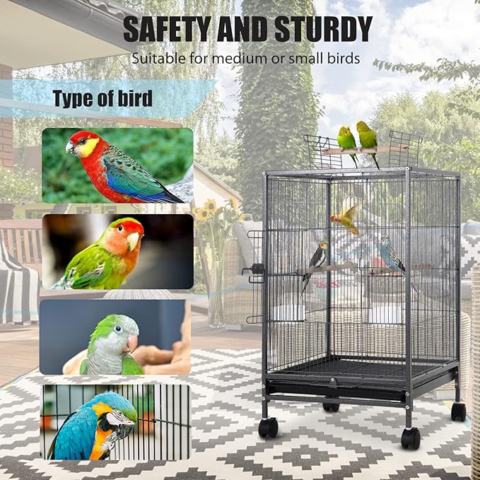Bird Cage 35 Inch Wrought Iron Birdcages Play Top Flight King Bird Cage for Parakeets Cockatiels Parrot Green Cheek Conures Pigeons Lovebird with Rolling Stand
