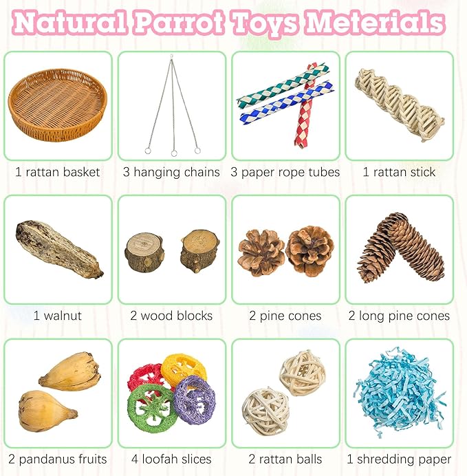 BNOSDM Rattan Bird Foraging Box 22Pcs Natural Parrot Shredding Toys Boxes Colorful Bird Chewing Toy for Cockatiel Budgie Parakeet Conure Lovebird African Grey