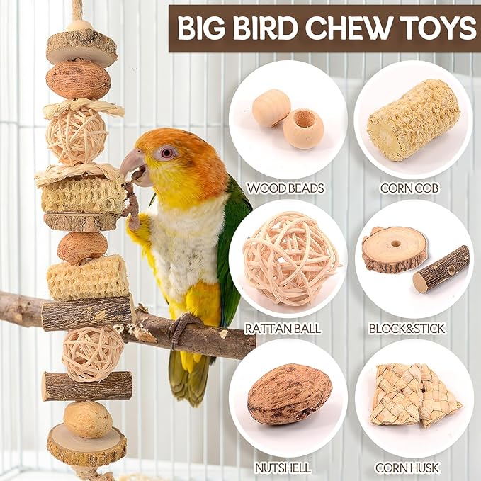 Macaw Toy, Parrot Toys for Large Birds, 14.5 Inch Extra Large Bird Chewing Toy Wall with Natural Wood, Corn Cobs and Rattan Balls, Hanging Foraging Cage Accessories for African Grey, Cockatoos