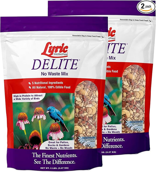 Lyric Delite Wild Bird Seed for Outside Feeders - No Waste Bird Food, Nuts & Seeds Mix, Attracts Buntings, Chickadees & Finches, 10 lb (Pack of 2-5 lb Bags)