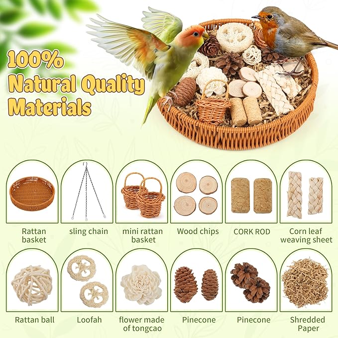 Natural Bird Toys Rattan Bird Foraging Box Parrot Shredding Toys Conure Chewing Toys for Cockatiel Lovebird Parakeet Budgie and Small to Medium Birds (Large)