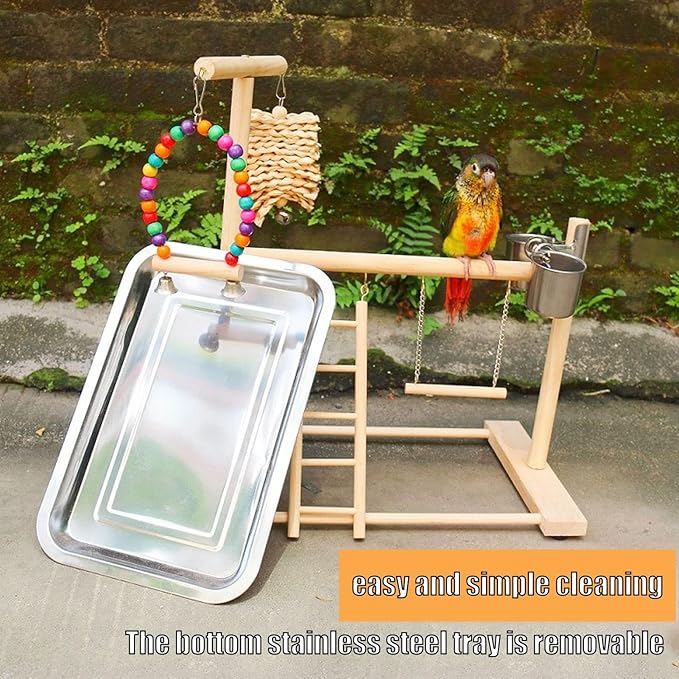 Bird Playground, Bird Play Stand Wood Gym Playpen Ladder Chewing Toys with Feeding Cups Exercise Activity Center