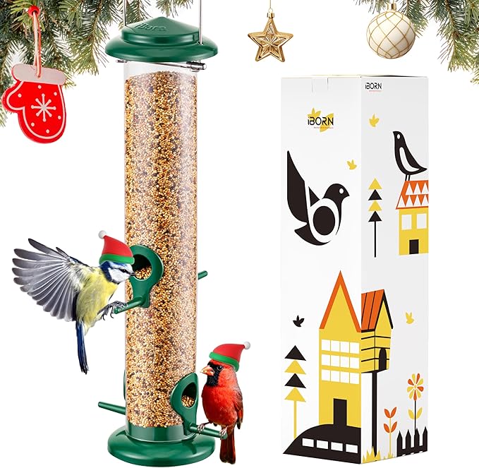 iBorn Metal Bird Feeders Hanging Wild Bird Seed Feeder for Mix Seed Blends, Niger Seed Feeder, Sunflower Heart, Birdbath, Heavy Duty All Metal Green Finishing 15 Inch 4Port