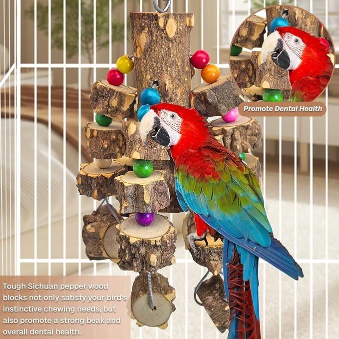 PINVNBY Wood Parrot Toys for Birds, Wire Link Durable Macaw Toys Large Natural Wooden Blocks Chew Toy for Small and Middle Parrots African Grey Macaws Cockatiels Eclectus