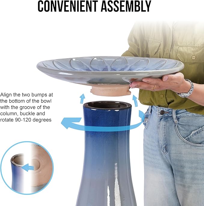 Ceramic Bird Bath for Outdoors, 18" H Weather-Resistant Birdbath for Garden Bird Watching, Pedestal Glazed Birdbaths, Ombre Blue