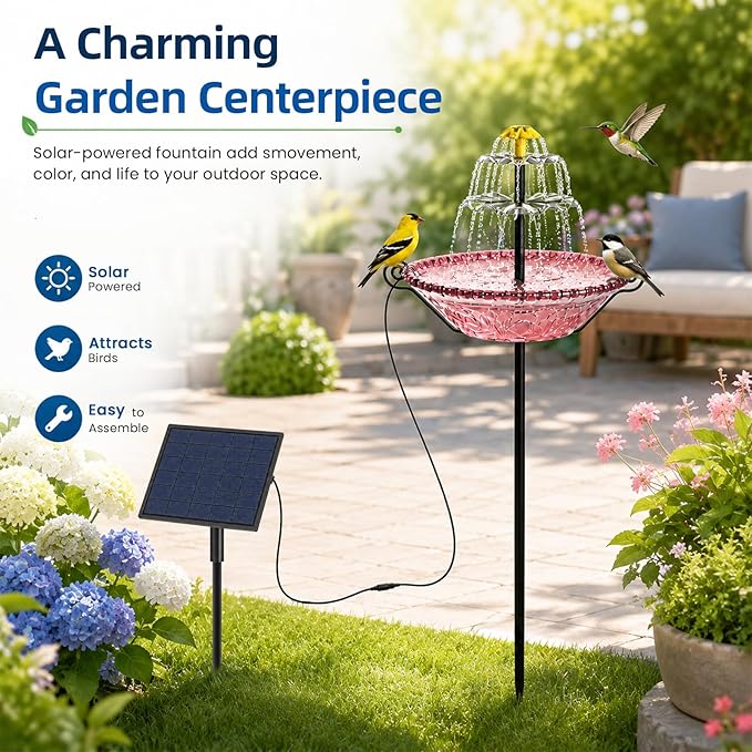 Bird Bath for Outside with Solar Fountain, Plastic Bowl on Metal Stake and Ground Stand, Freestanding Garden Accent for Yard and Patio (Pink(XL))