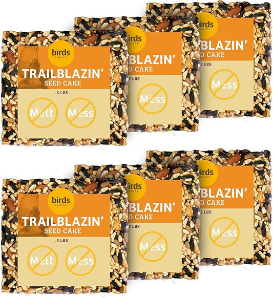 Birds Choice Trail Blazin' Spicy Bird Seed Cake | Squirrel Proof Wild Bird Food with Red Pepper | Black Oil Sunflower Seeds, Peanuts, Safflower & Pecans | High Protein Bird Feeder | 0.5 lbs (6-Pack)